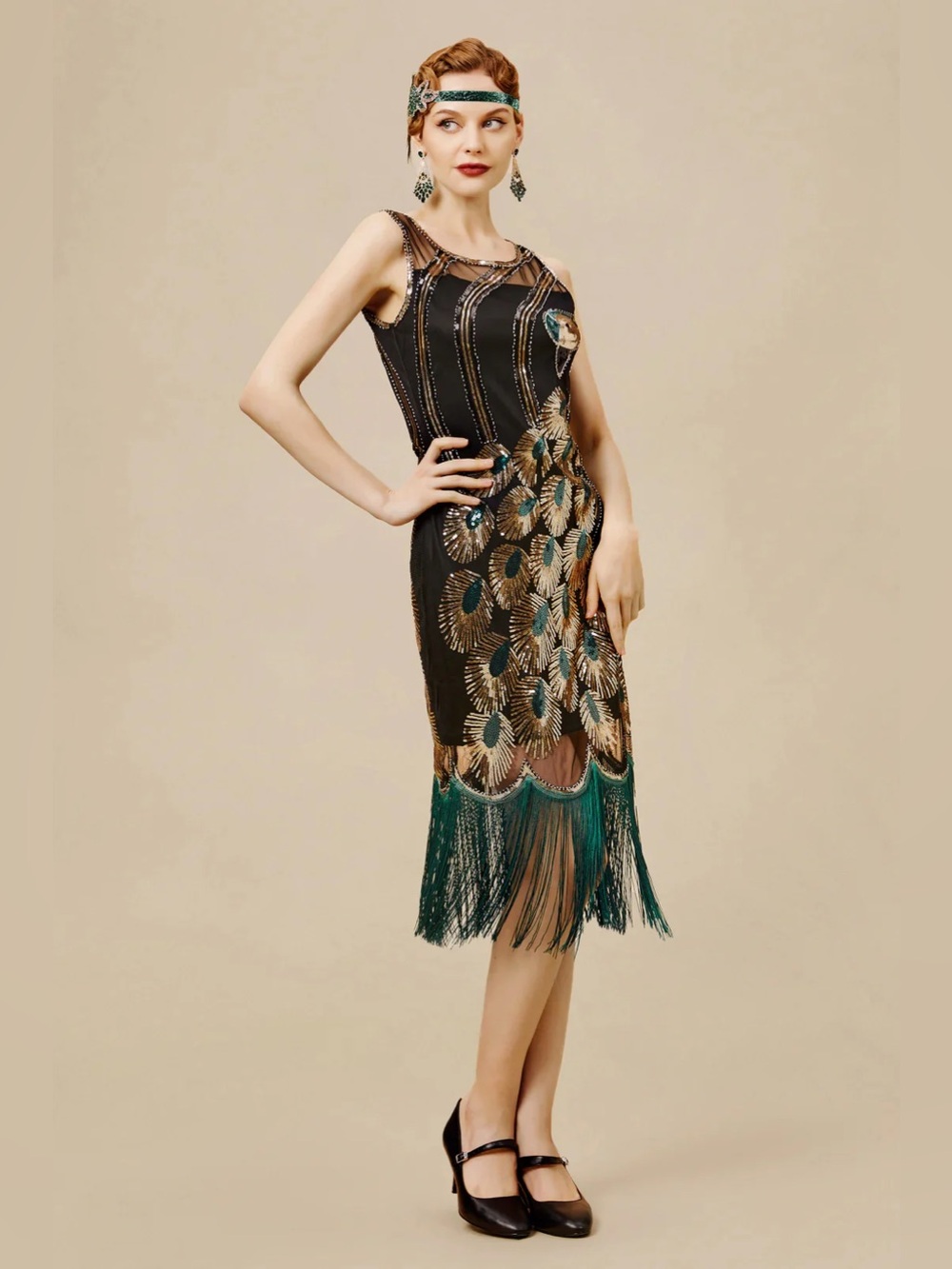 Vintage-Inspired 1920s Glitter Sequin Peacock Scoop Neck Dress